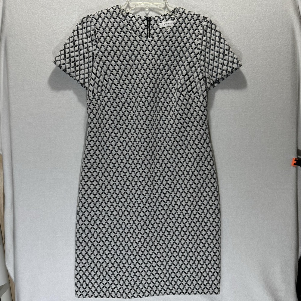 Calvin Klein Dress Womens 4 Black White Geometric Short Sleeve Sheath Workwear